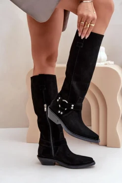 Zamszowe Kozaki Kowbojki Na Niskim Obcasie Z Ozdobą Zazoo 3656 Czarne