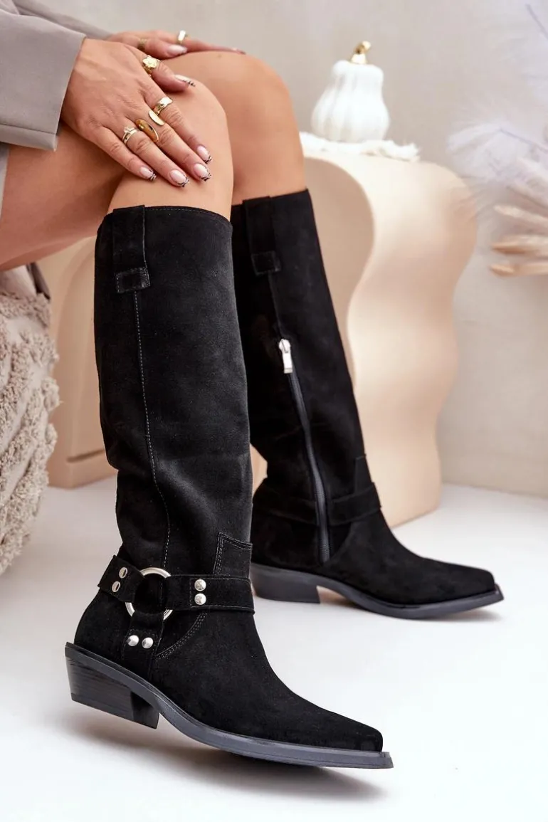 Zamszowe Kozaki Kowbojki Na Niskim Obcasie Z Ozdobą Zazoo 3656 Czarne
