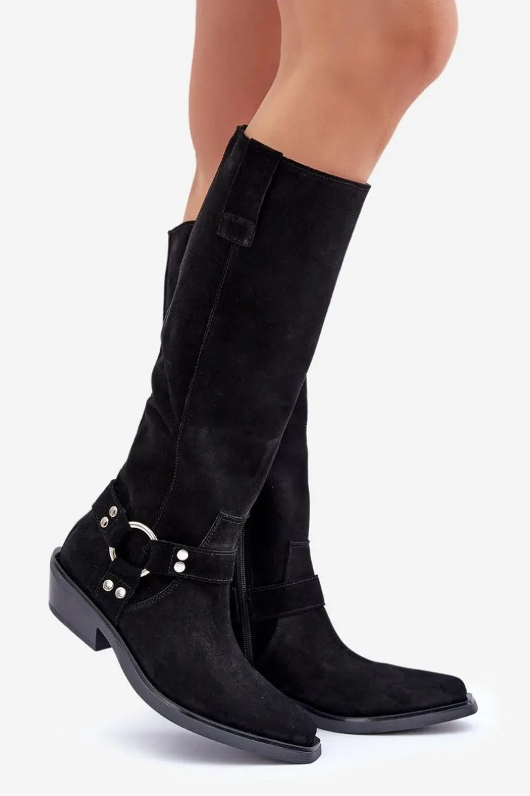 Zamszowe Kozaki Kowbojki Na Niskim Obcasie Z Ozdobą Zazoo 3656 Czarne