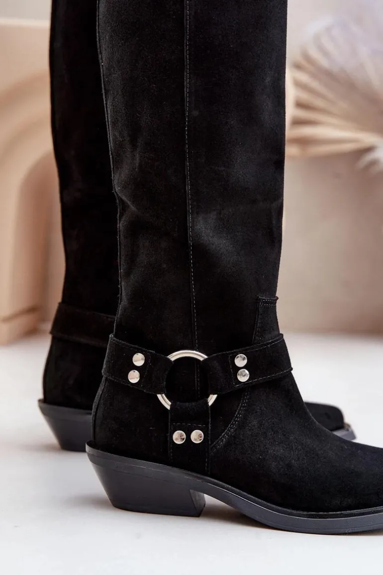 Zamszowe Kozaki Kowbojki Na Niskim Obcasie Z Ozdobą Zazoo 3656 Czarne
