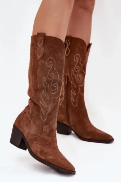 Zamszowe Kozaki Kowbojki Damskie Na Obcasie Camel Karira