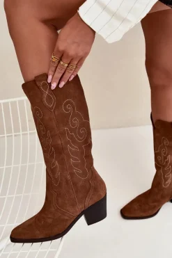 Zamszowe Kozaki Kowbojki Damskie Na Obcasie Camel Karira