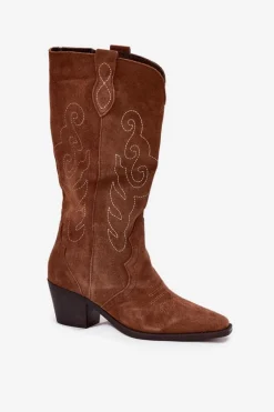 Zamszowe Kozaki Kowbojki Damskie Na Obcasie Camel Karira
