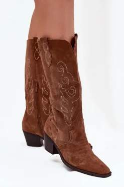 Zamszowe Kozaki Kowbojki Damskie Na Obcasie Camel Karira