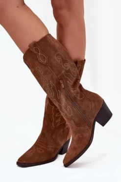 Zamszowe Kozaki Kowbojki Damskie Na Obcasie Camel Karira