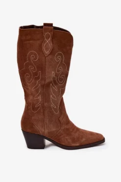 Zamszowe Kozaki Kowbojki Damskie Na Obcasie Camel Karira
