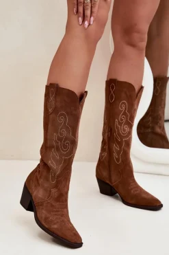 Zamszowe Kozaki Kowbojki Damskie Na Obcasie Camel Karira