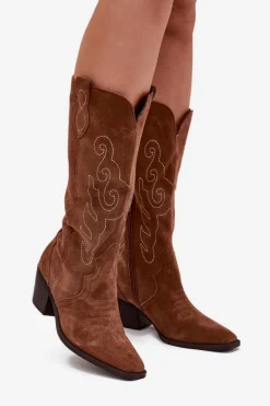 Zamszowe Kozaki Kowbojki Damskie Na Obcasie Camel Karira