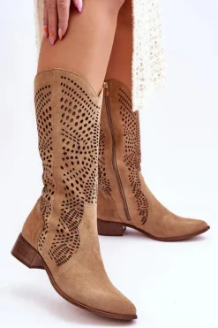 Zamszowe Kozaki Kowbojki Przed Kolano Lewski Shoes 3305 Beżowe