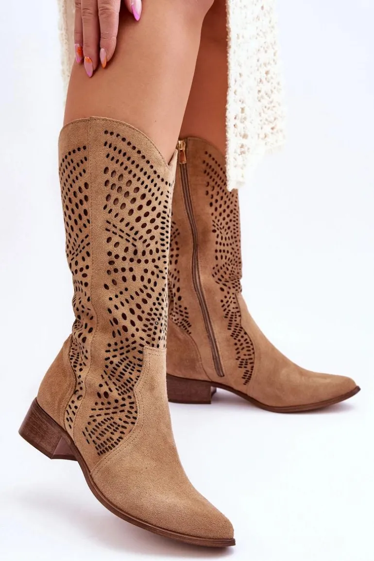 Zamszowe Kozaki Kowbojki Przed Kolano Lewski Shoes 3305 Beżowe