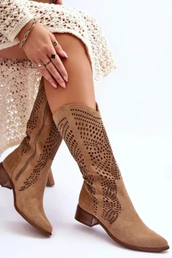 Zamszowe Kozaki Kowbojki Przed Kolano Lewski Shoes 3305 Beżowe