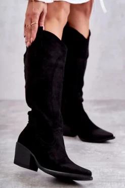 Zamszowe Kozaki Kowbojki Czarne Casey