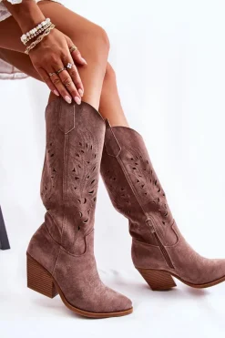 Zamszowe Kozaki Kowbojki Z Ażurowym Wzorem Brązowe Naya