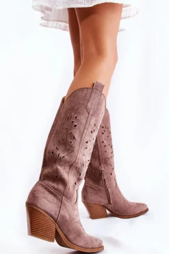 Zamszowe Kozaki Kowbojki Z Ażurowym Wzorem Brązowe Naya