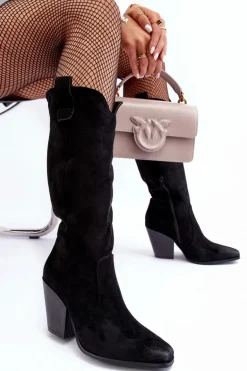 Zamszowe Kozaki Kowbojki Na Obcasie Czarne Tortana