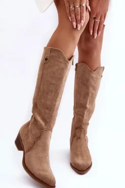 Zamszowe Kozaki Kowbojki Na Niskim Obcasie Beżowe Lunah