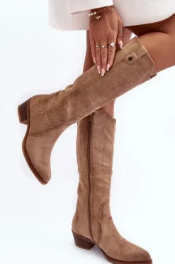 Zamszowe Kozaki Kowbojki Na Niskim Obcasie Beżowe Lunah