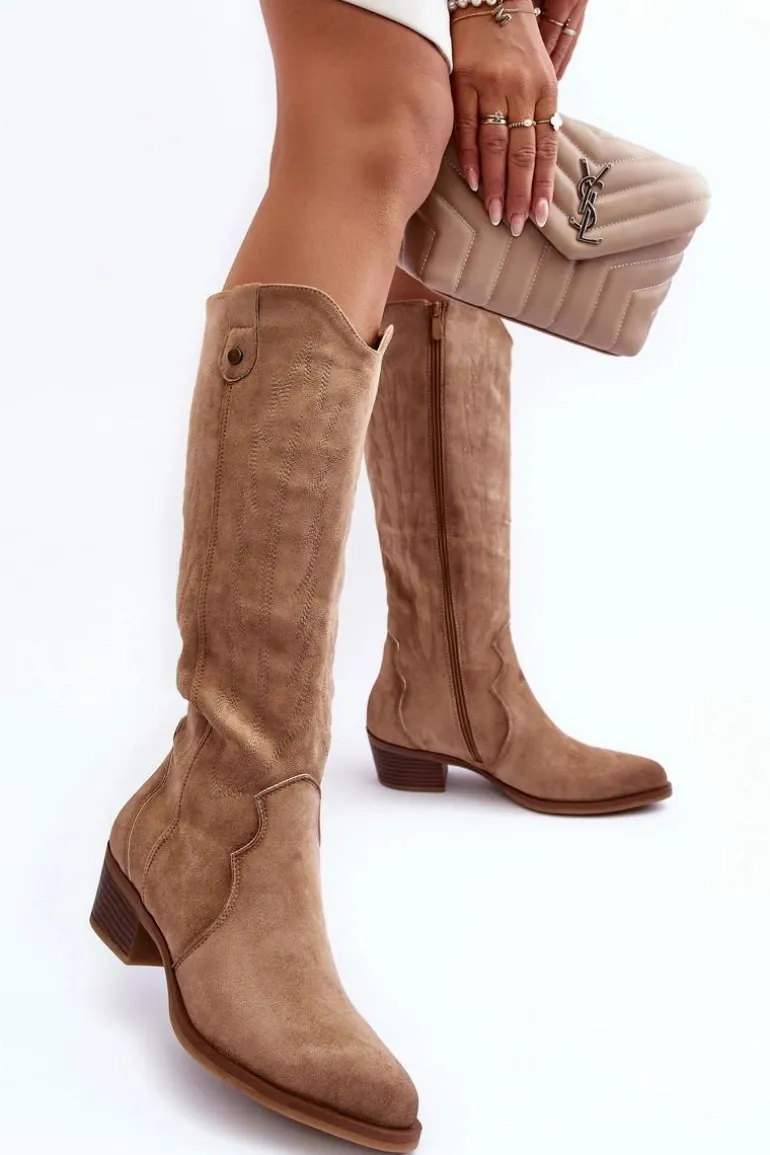 Zamszowe Kozaki Kowbojki Na Niskim Obcasie Beżowe Lunah