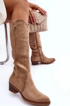 Zamszowe Kozaki Kowbojki Na Niskim Obcasie Beżowe Lunah