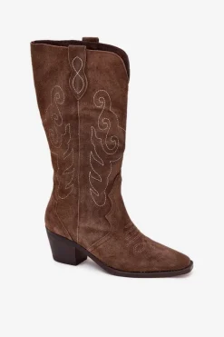 Zamszowe Kozaki Kowbojki Damskie Na Obcasie Brązowe Karira