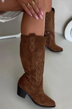 Zamszowe Kozaki Kowbojki Damskie Na Obcasie Brązowe Karira