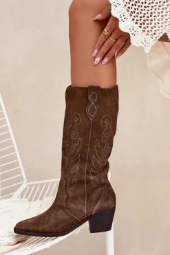 Zamszowe Kozaki Kowbojki Damskie Na Obcasie Brązowe Karira