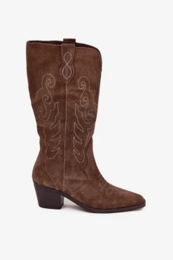 Zamszowe Kozaki Kowbojki Damskie Na Obcasie Brązowe Karira