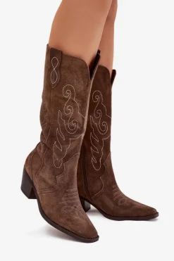 Zamszowe Kozaki Kowbojki Damskie Na Obcasie Brązowe Karira