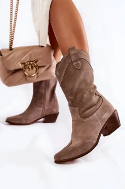 Zamszowe Kozaki Kowbojki Lewski Shoes 3198 Cappucino