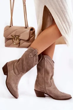 Zamszowe Kozaki Kowbojki Lewski Shoes 3198 Cappucino