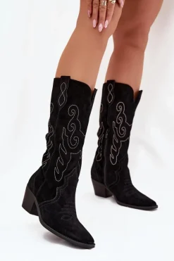 Zamszowe Kozaki Kowbojki Damskie Na Obcasie Czarne Karira