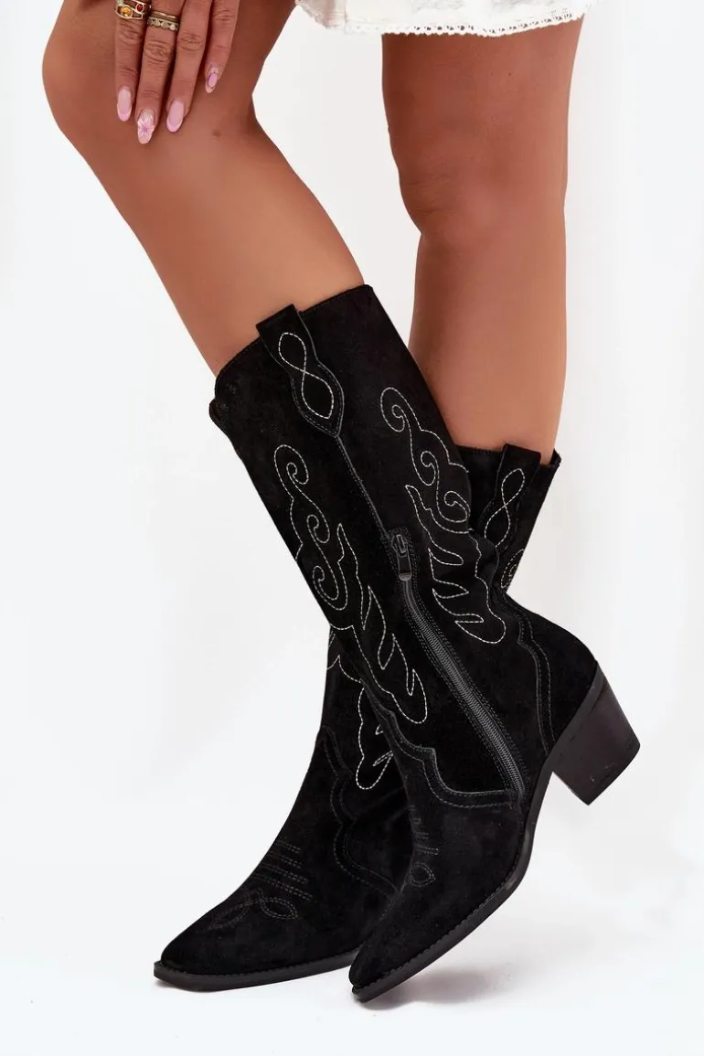 Zamszowe Kozaki Kowbojki Damskie Na Obcasie Czarne Karira