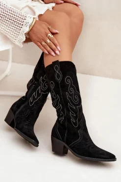 Zamszowe Kozaki Kowbojki Damskie Na Obcasie Czarne Karira