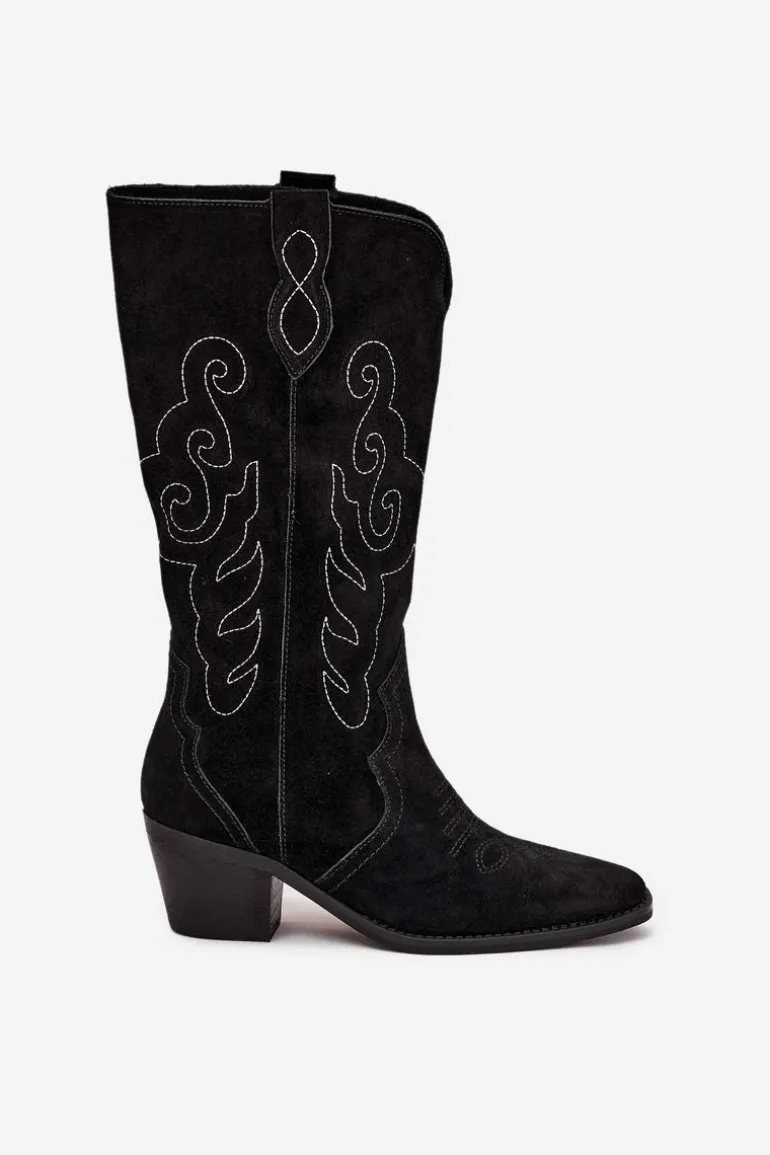 Zamszowe Kozaki Kowbojki Damskie Na Obcasie Czarne Karira