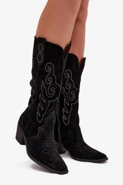 Zamszowe Kozaki Kowbojki Damskie Na Obcasie Czarne Karira
