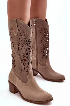 Zamszowe Kozaki Kowbojki Ażurowe Ciemnobeżowe Lewski 3320