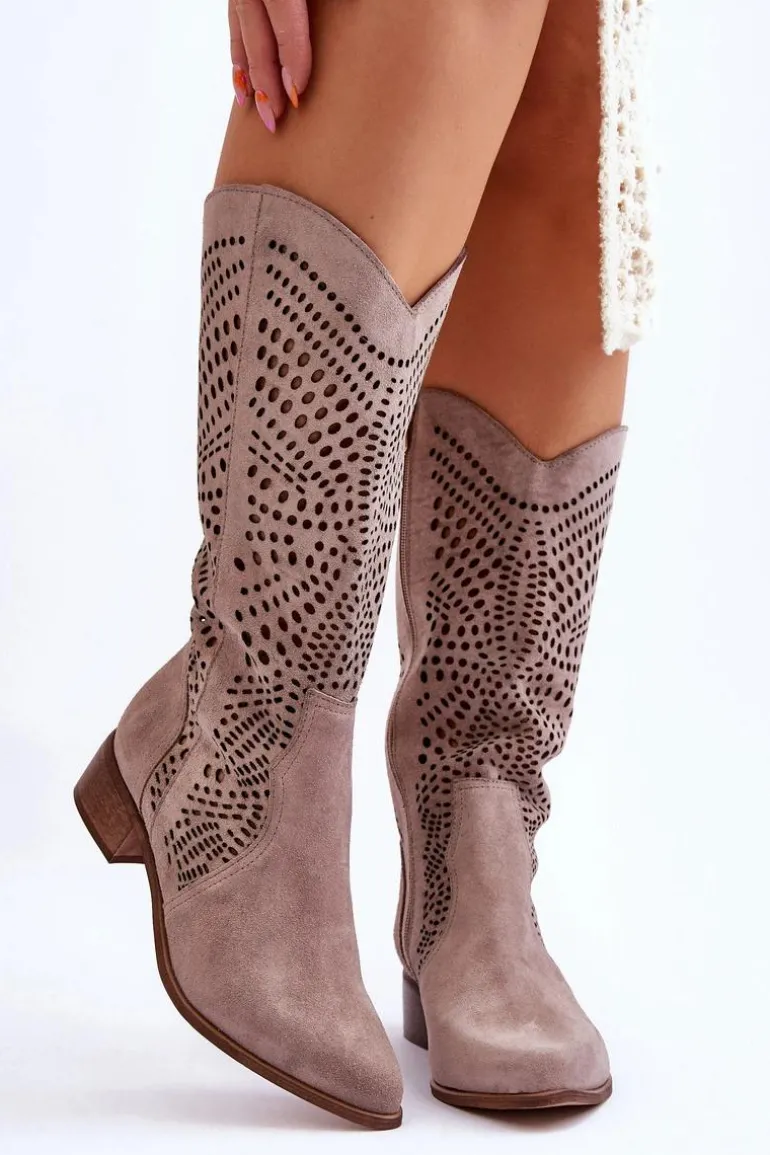 Zamszowe Kozaki Kowbojki Przed Kolano Lewski Shoes 3305 Cappuccino