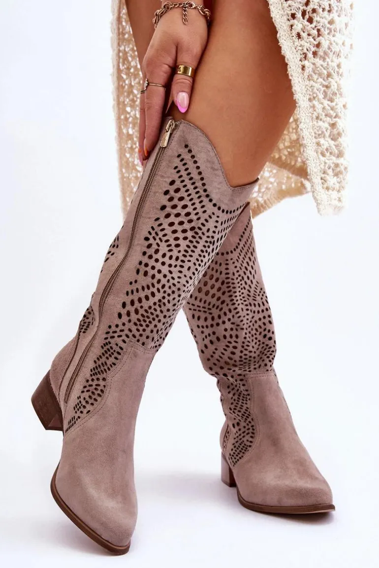 Zamszowe Kozaki Kowbojki Przed Kolano Lewski Shoes 3305 Cappuccino