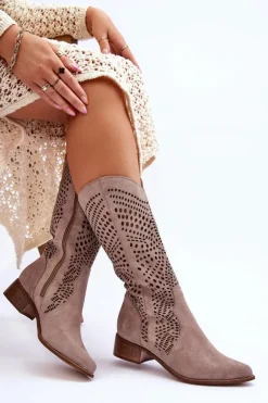 Zamszowe Kozaki Kowbojki Przed Kolano Lewski Shoes 3305 Cappuccino