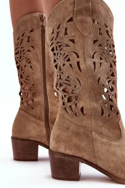 Zamszowe Kozaki Kowbojki Ażurowe Beżowe Lewski 3320
