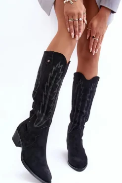 Zamszowe Kozaki Kowbojki Na Niskim Obcasie Czarne Lunah