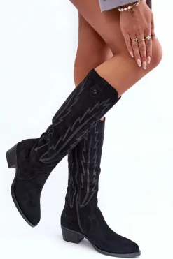 Zamszowe Kozaki Kowbojki Na Niskim Obcasie Czarne Lunah