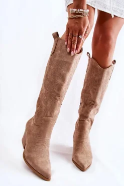 Zamszowe Kozaki Kowbojki Z Przeszyciami Ciemnobeżowe Beverly