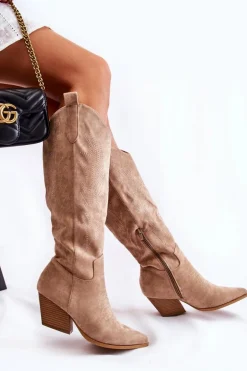 Zamszowe Kozaki Kowbojki Z Przeszyciami Ciemnobeżowe Beverly