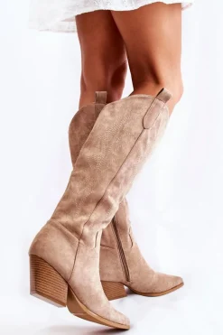 Zamszowe Kozaki Kowbojki Z Przeszyciami Ciemnobeżowe Beverly