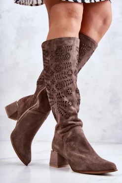 Zamszowe Kozaki Lewski Ażurowe Brązowe Romena