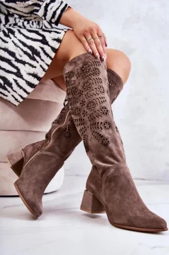 Zamszowe Kozaki Lewski Ażurowe Brązowe Romena
