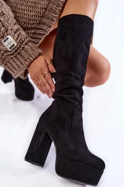 Zamszowe Kozaki Na Masywnym Obcasie I Platformie Czarne Nevira