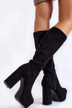 Zamszowe Kozaki Na Masywnym Obcasie I Platformie Czarne Nevira