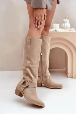 Zamszowe Kozaki Na Niskim Obcasie Z Cholewką Przed Kolano Zazoo 3444/O Jasnobeżowe